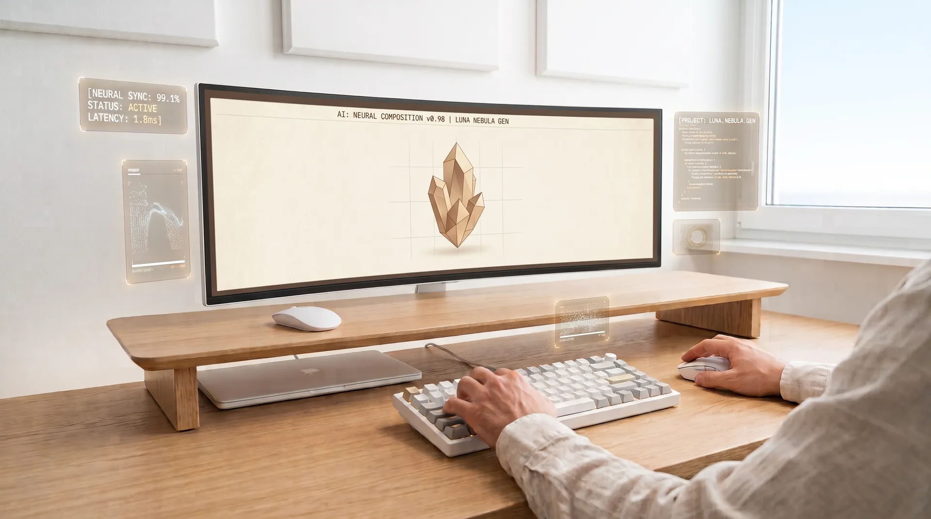 Generowanie treści i grafik AI na futurystycznym stanowisku pracy - AI Content JVISION