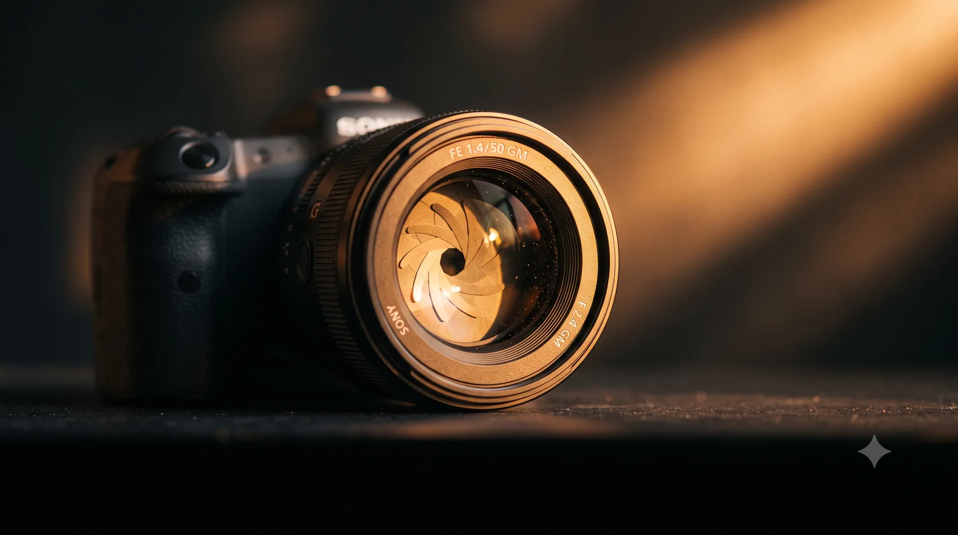 Profesjonalny aparat pełnoklatkowy z obiektywem 50mm f/1.4 i widocznymi listkami przysłony, oświetlony ciepłym światłem złotej godziny — Moduł 1 Akademii Fotografii JVISION, fundamenty fotografii