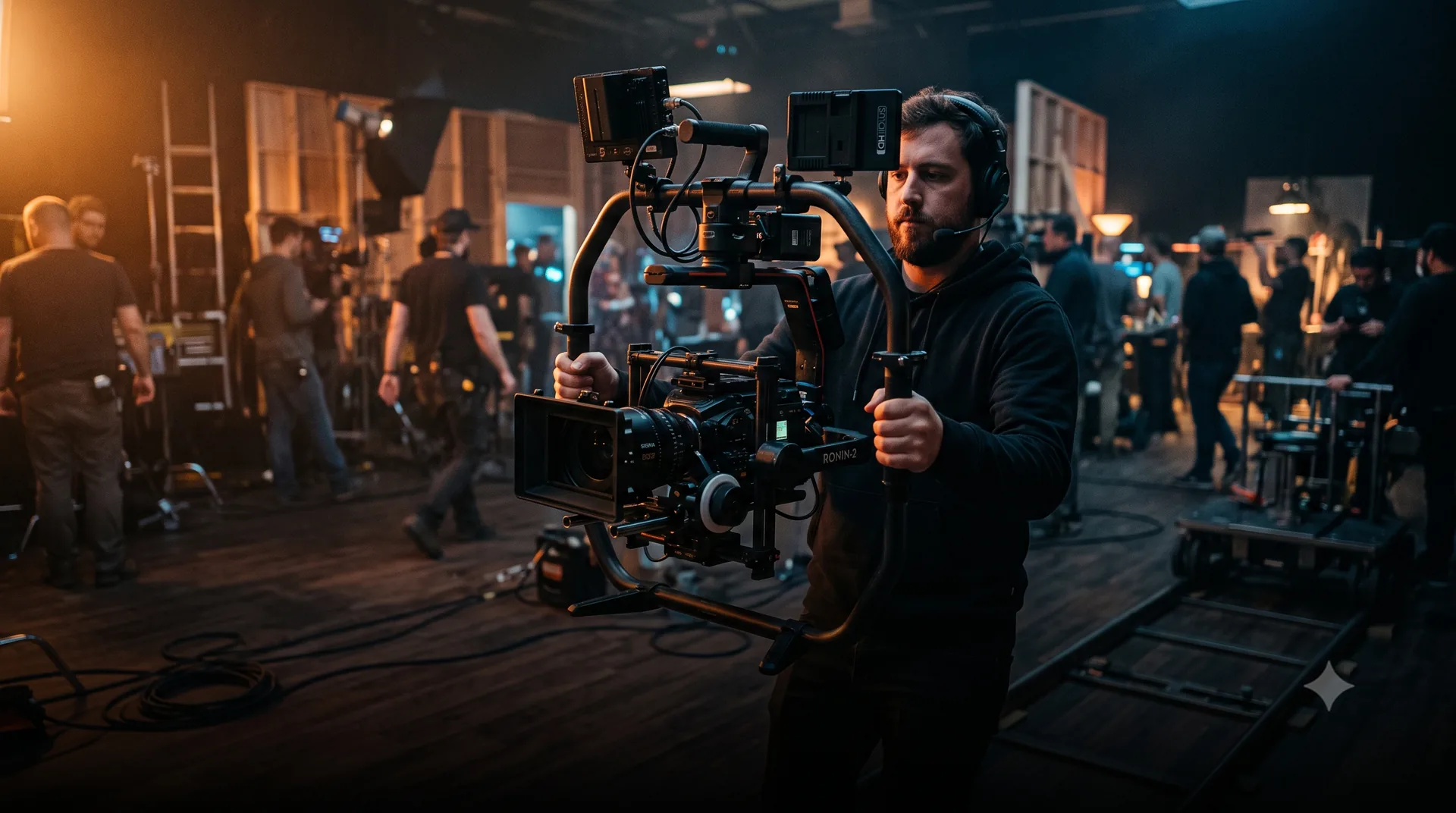 Operator kamery filmowej na stabilizatorze gimbal podczas realizacji planu zdjęciowego — Moduł 3 Akademii Wideo JVISION, fundamenty wideo