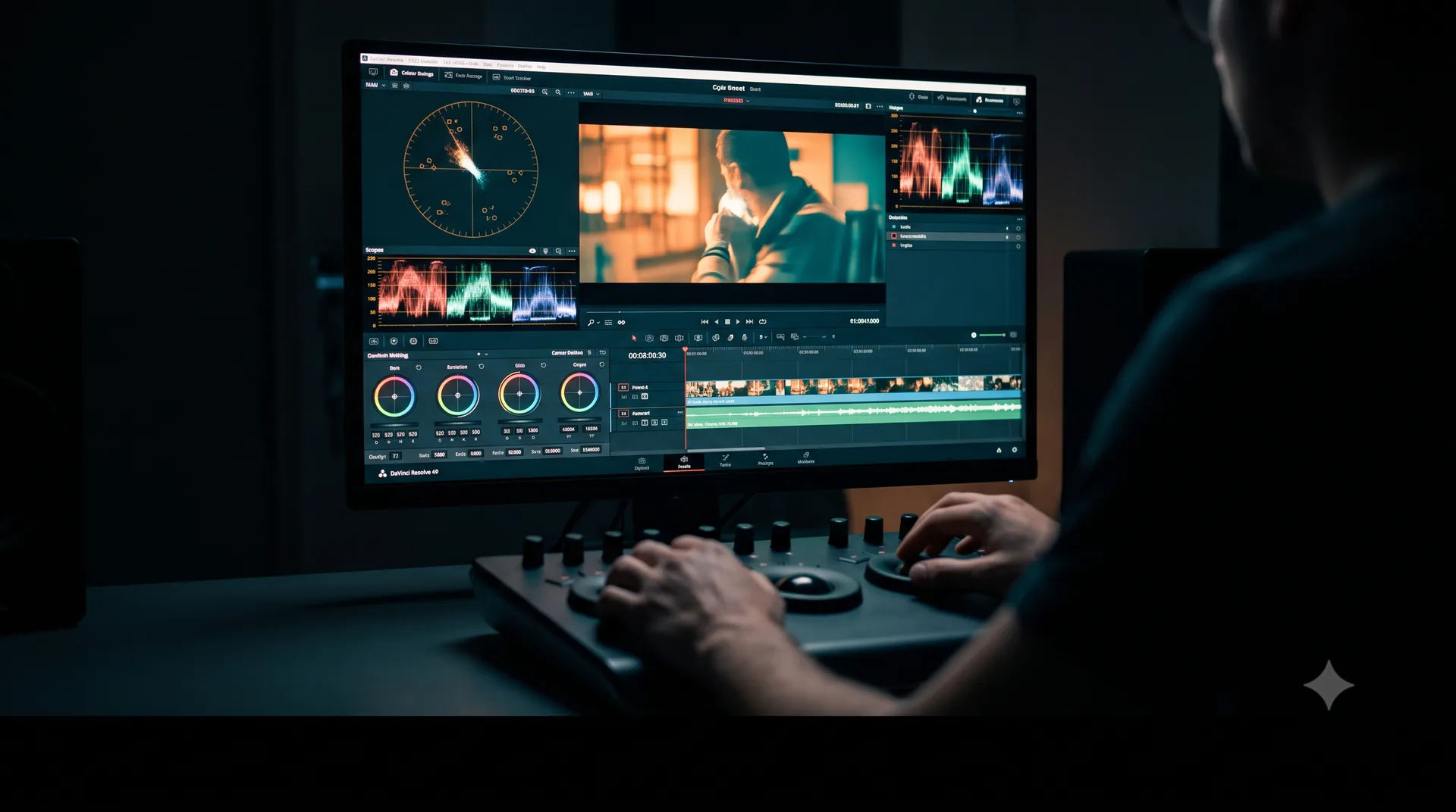 Montażysta pracujący nad korekcją kolorów w programie DaVinci Resolve na konsoli kolorystycznej — Moduł 4 Akademii Wideo JVISION, wideo zaawansowane i storytelling
