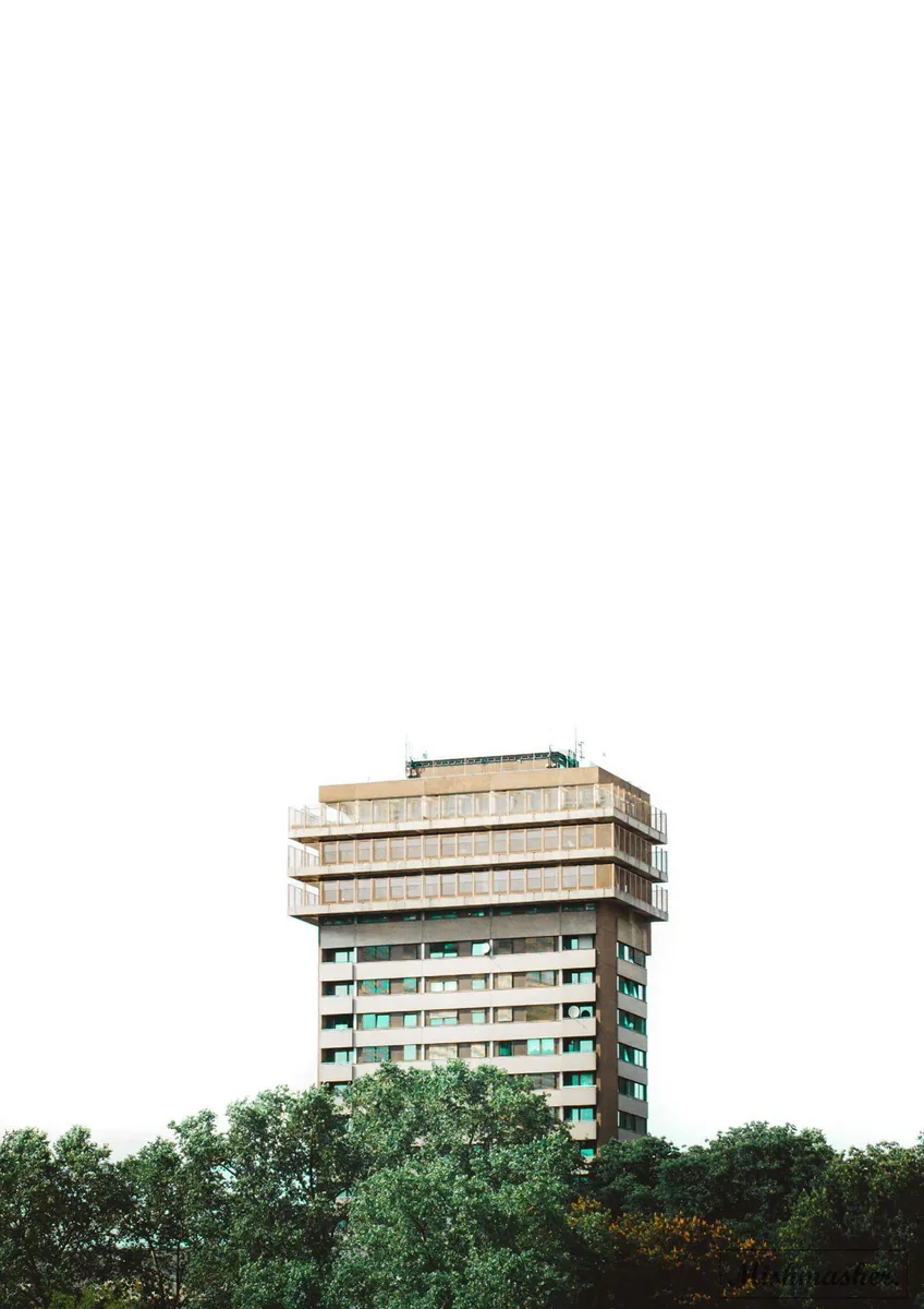 Fotografia architektury — modernistyczny budynek wyłaniający się zza drzew, Jakub Klisowski JVISION