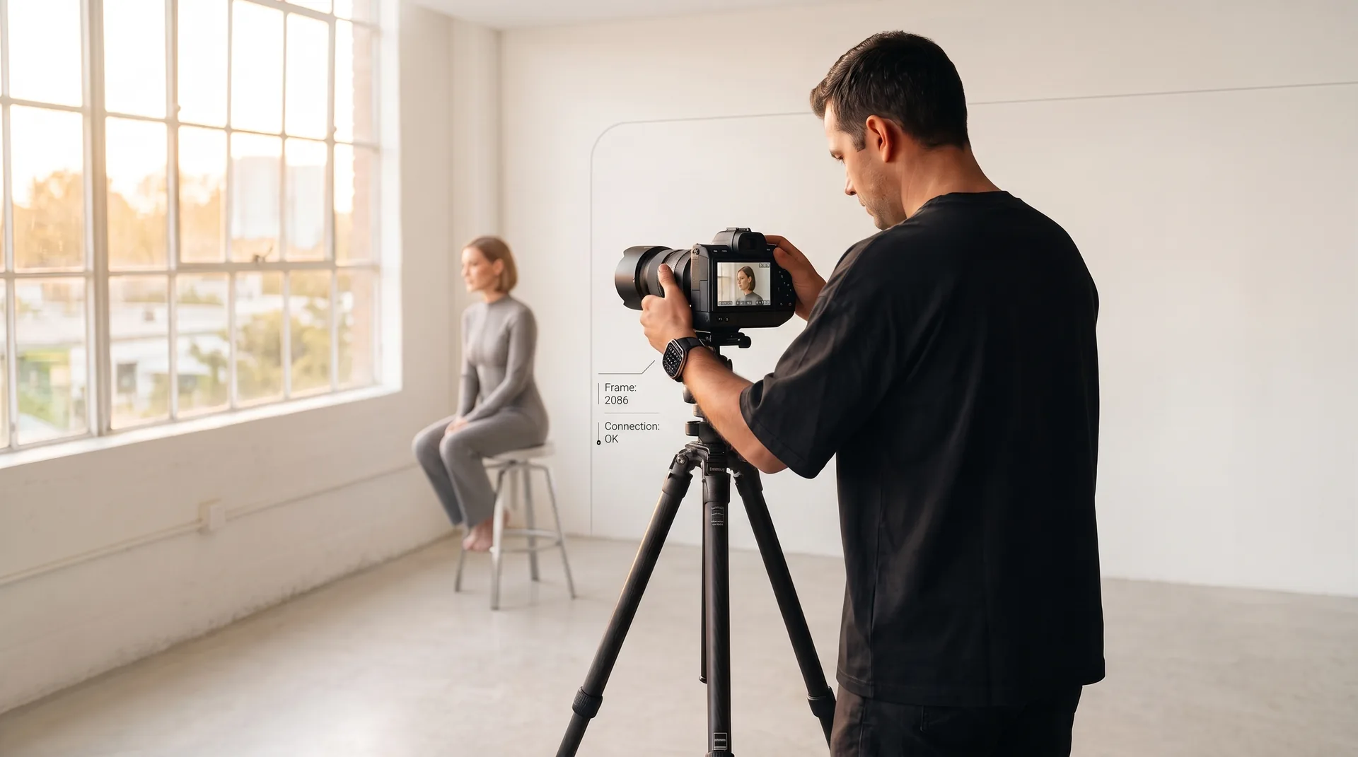 Fotograf fotografujący modelkę w naturalnym świetle podczas sesji portretowej - Fotografia JVISION