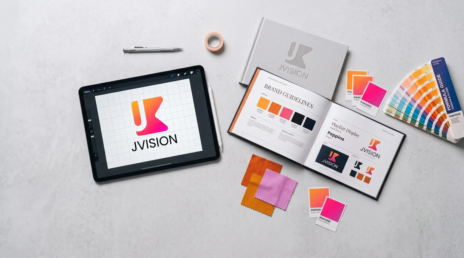 Projektowanie identyfikacji wizualnej - brand book, paleta kolorów i szkice logo na biurku projektanta graficznego - Usługi Graficzne JVISION